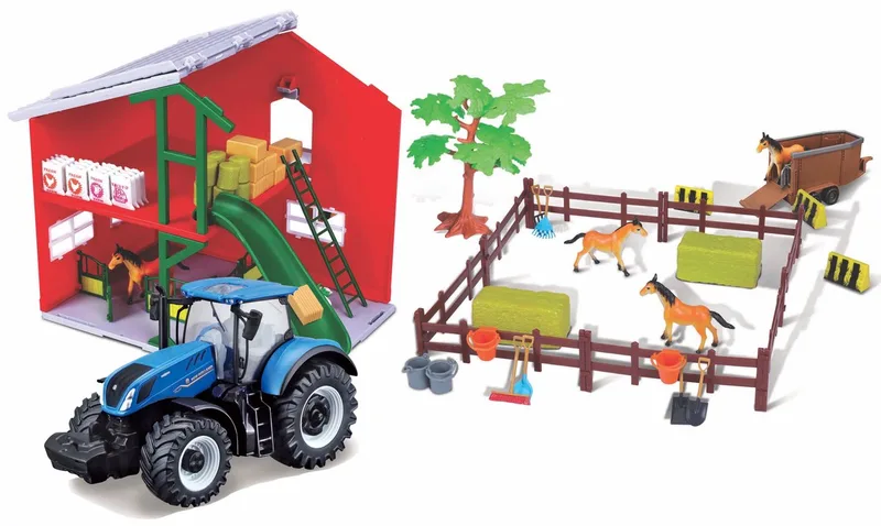 Farmland Playset - Paardenstal met New Holland T7.315 HD modeltractor - Bouwpakket by Bburago in Blauw – product photo