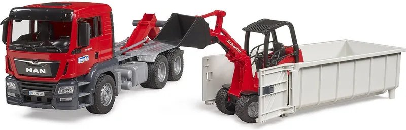 MAN TGS truck with roll-off container and Schäffer yard loader – 03767 · 1:16 fra Bruder – produktbillede