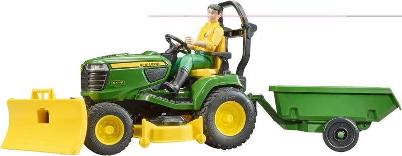 Bworld John Deere grasmaaier met aanhanger en tuinman fra Bruder – produktbillede 1 af 4