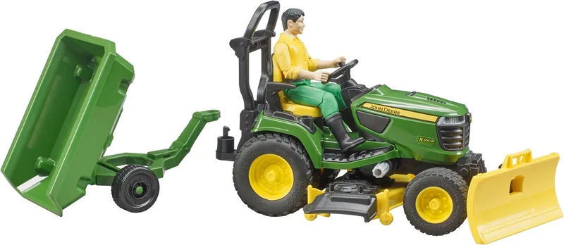 Bworld John Deere grasmaaier met aanhanger en tuinman fra Bruder – produktbillede 2 af 4