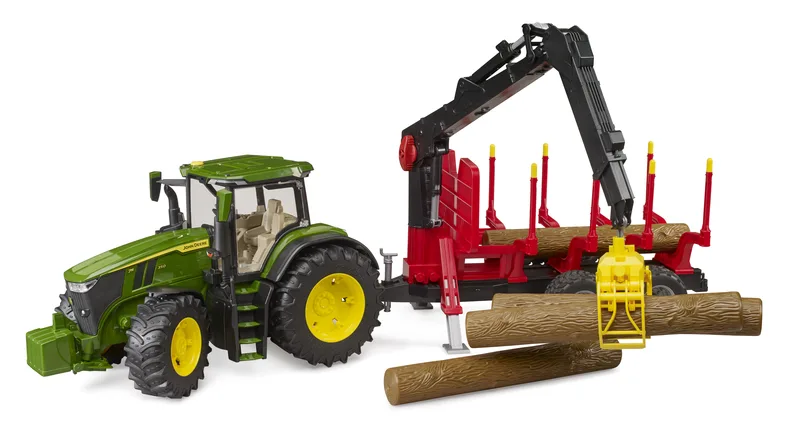 John Deere 7R 350 with forestry trailer and 4 trunks – 03154 · 1:16 från Bruder – produktbild
