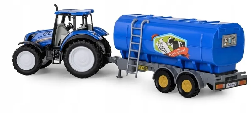 New Holland T5 tractor met speelgoedmelktankoplegger fra Daffi i Blå – produktbillede