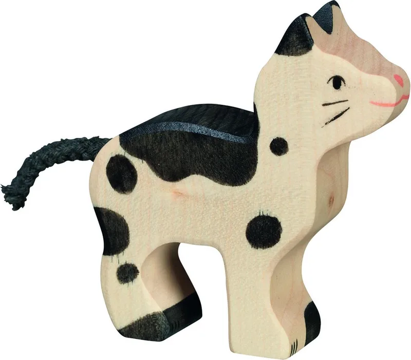 Boerderij - Kat Klein Zwart/Wit - 7X2X7,5Cm - Houten Figuur - Handgemaakt från Holztiger i Svart – produktbild