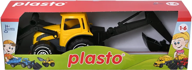 57 cm - Speelgoedvoertuig - Backhoe - Graafarm - Grote Tractor - BPA-vrij - Gemaakt in Finland - Vanaf 1 Jaar fra Plasto i Tractor met Voorlader en Graafarm Geel – produktbillede