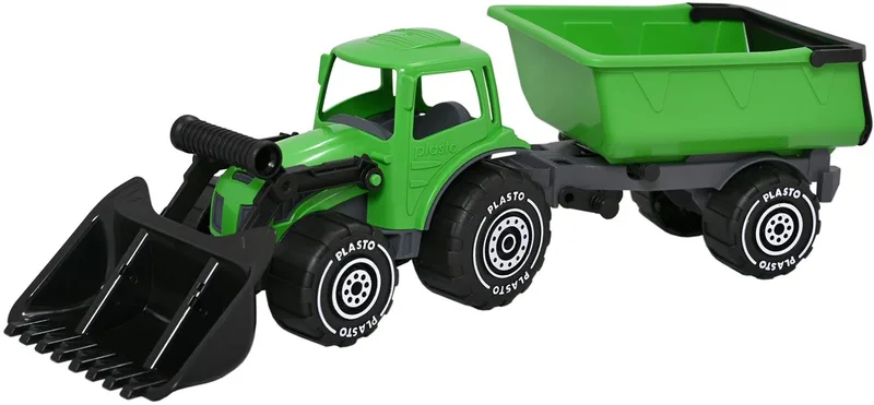 57 cm - Speelgoedvoertuig - Complete Set - Grote Tractor - Realistisch Spelen - Stevig Kunststof - Gemaakt in Finland - Vanaf 1 Jaar fra Plasto i Tractor met Voorlader en Aanhanger Groen – produktbillede