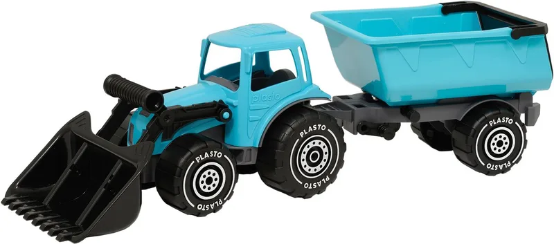 57 cm - Speelgoedvoertuig - Complete Set - Grote Tractor - Stevig Kunststof - Gemaakt in Finland - Vanaf 1 Jaar de Plasto en Tractor met Voorlader en Aanhanger Turquoise – photo du produit