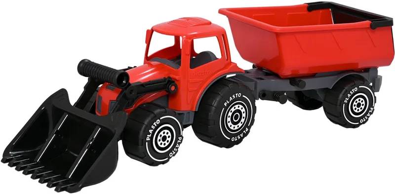 57 cm - Speelgoedvoertuig - Complete Set - Grote Tractor - Stevig Kunststof - Gemaakt in Finland - Vanaf 1 Jaar fra Plasto i Tractor met Voorlader en Aanhanger Rood – produktbillede