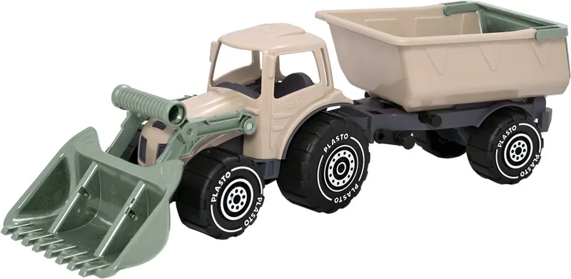 57 cm - Speelgoedvoertuig - Complete Set - Special Edition Zachte Neutrale Kleuren - BPA-vrij - Gemaakt in Finland - Vanaf 1 Jaar fra Plasto i Tractor met Voorlader en Aanhanger Zandkleur – produktbillede