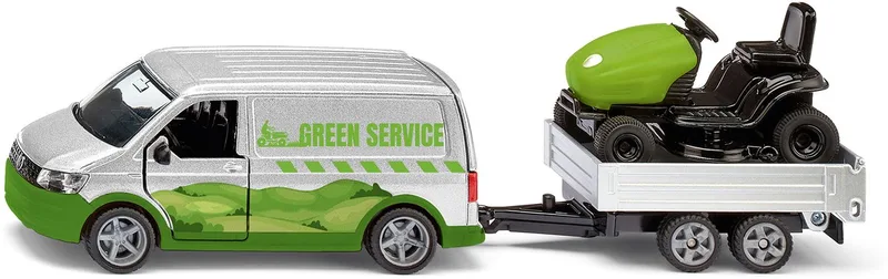 2005, VW T6 met Lawn Tractor, schaal 1:50; metaal/kunststof by Siku in Silver, groen – product photo
