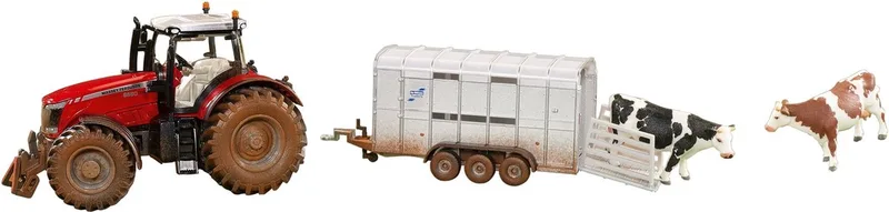 Massey Ferguson 8680 trekker met veetrailer en 2 koeien 1:32 by Siku in Rood – product photo