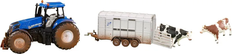 New Holland T8.390 trekker met veetrailer en 2 koeien 1:32 by Siku in Blauw – product photo